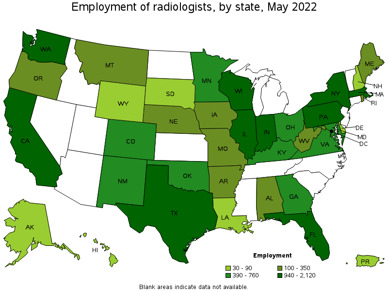 Map of employment of radiologists by state, May 2022