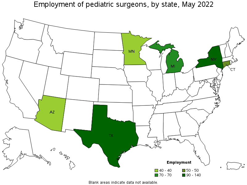 Map of employment of pediatric surgeons by state, May 2022