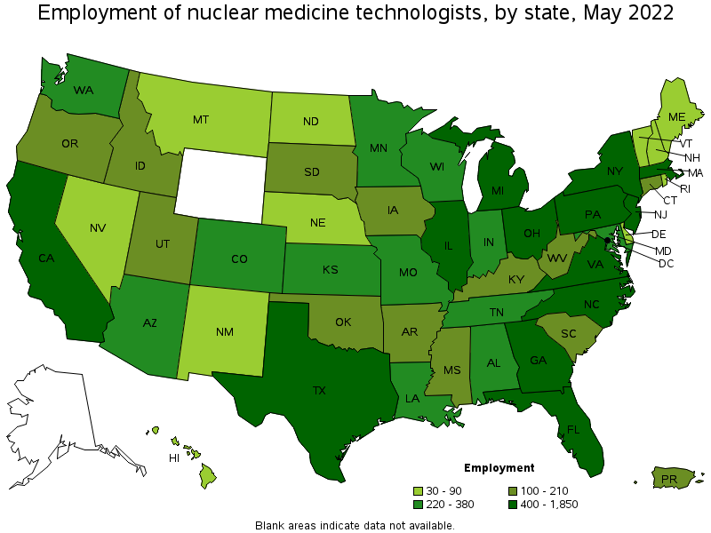 Map of employment of nuclear medicine technologists by state, May 2022