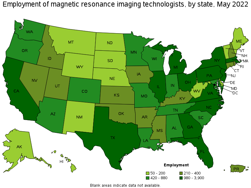 Map of employment of magnetic resonance imaging technologists by state, May 2022