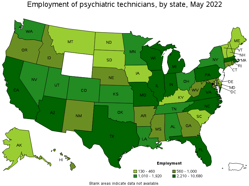 Map of employment of psychiatric technicians by state, May 2022