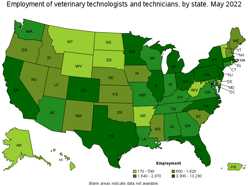 Map of employment of veterinary technologists and technicians by state, May 2022