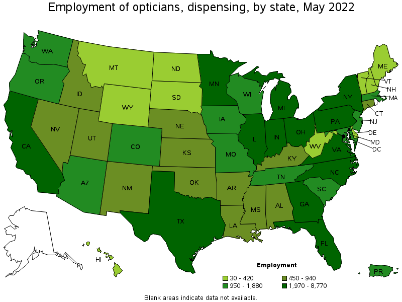 Map of employment of opticians, dispensing by state, May 2022