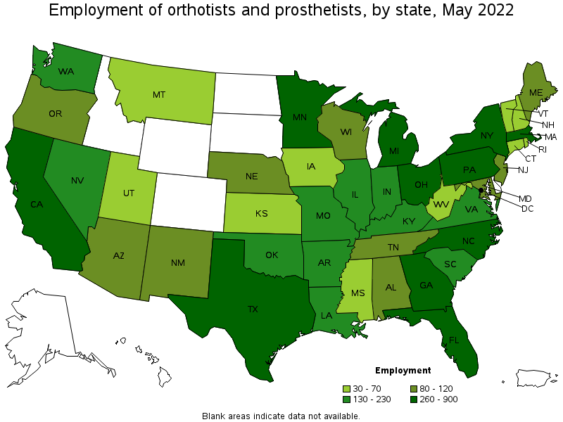 Map of employment of orthotists and prosthetists by state, May 2022