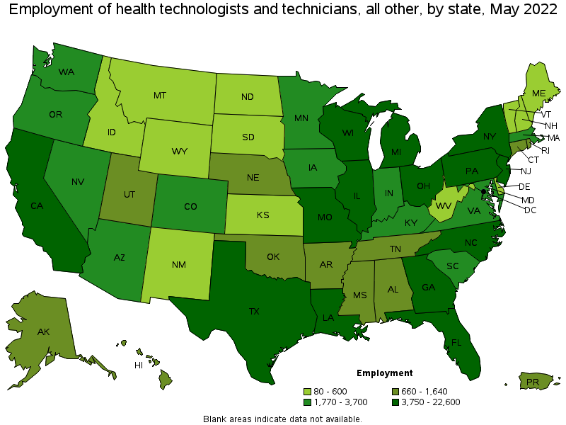 Map of employment of health technologists and technicians, all other by state, May 2022