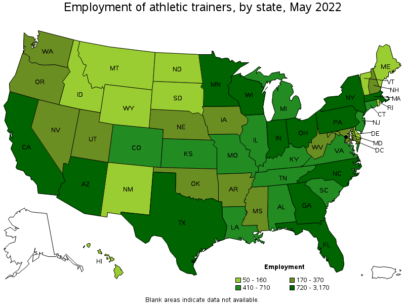 Map of employment of athletic trainers by state, May 2022