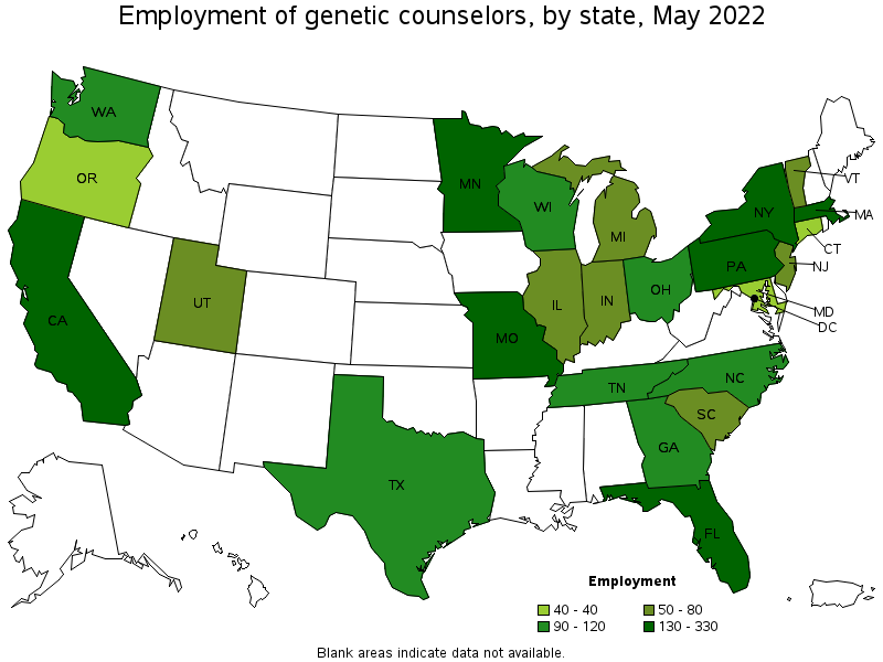 Map of employment of genetic counselors by state, May 2022