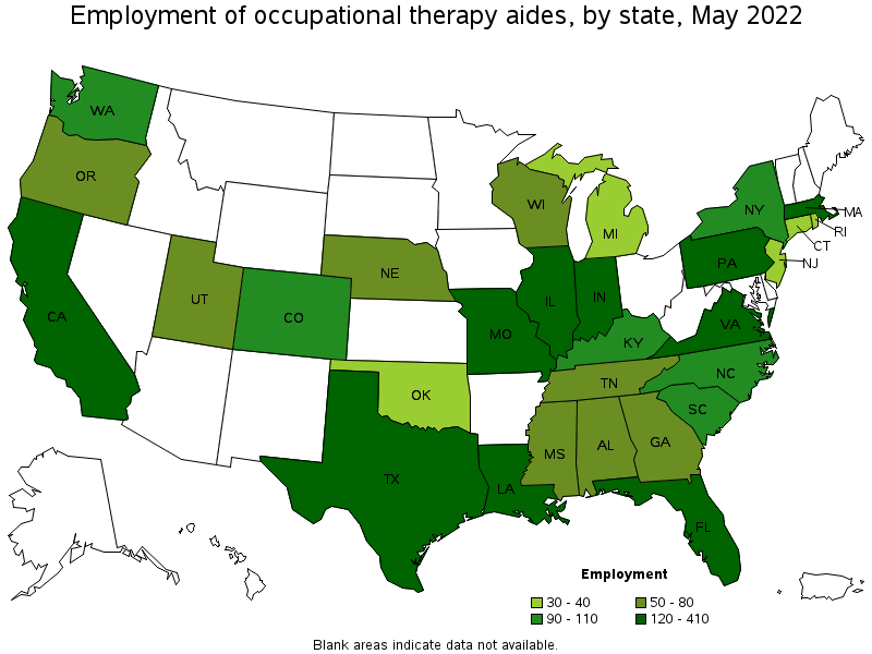 Map of employment of occupational therapy aides by state, May 2022