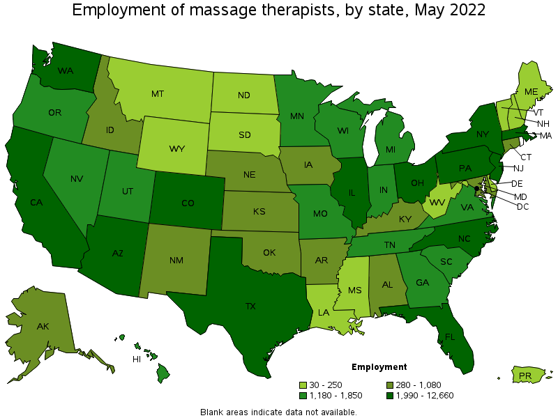 Map of employment of massage therapists by state, May 2022