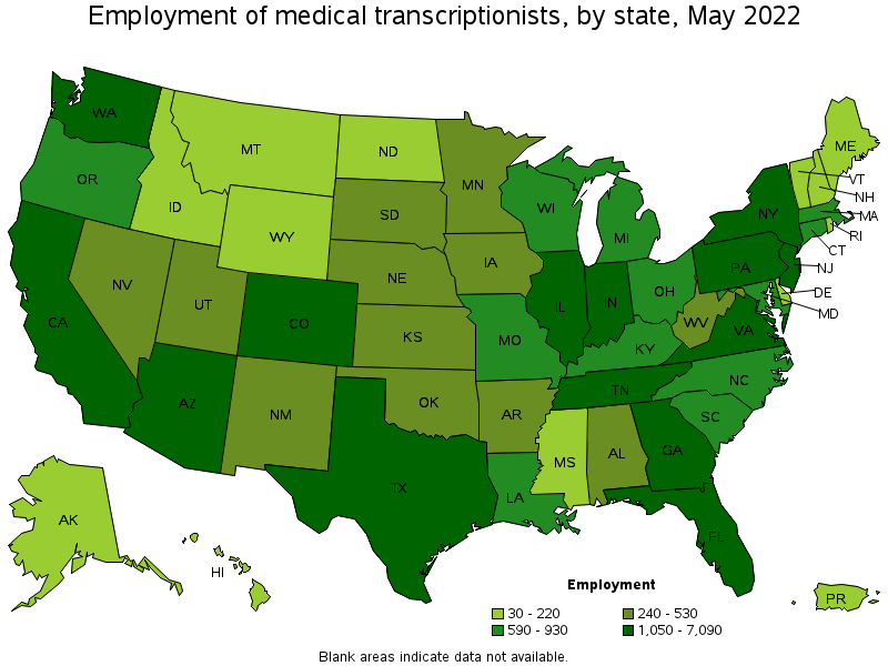 Map of employment of medical transcriptionists by state, May 2022