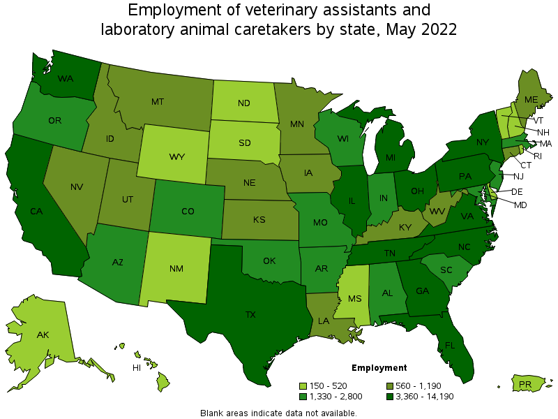 Map of employment of veterinary assistants and laboratory animal caretakers by state, May 2022