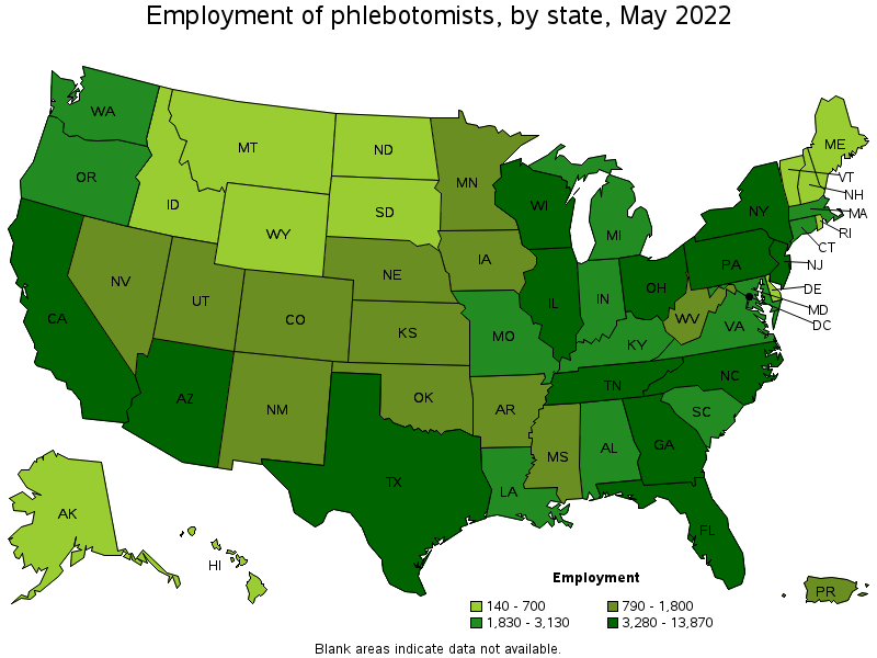 Map of employment of phlebotomists by state, May 2022