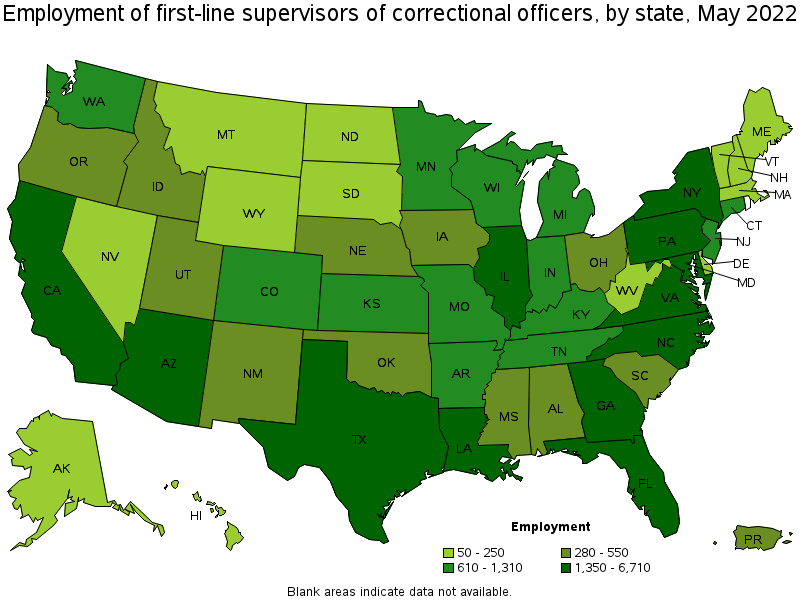 Map of employment of first-line supervisors of correctional officers by state, May 2022