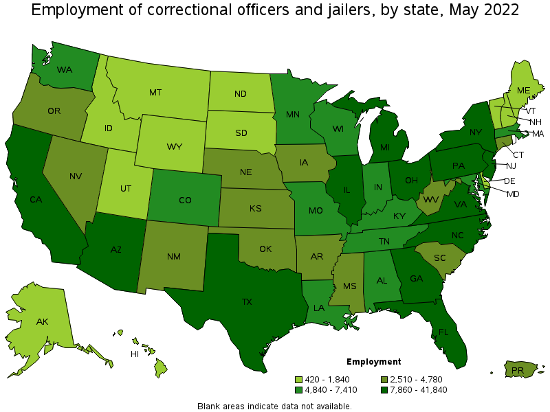 Map of employment of correctional officers and jailers by state, May 2022