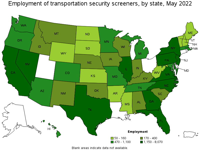 Map of employment of transportation security screeners by state, May 2022