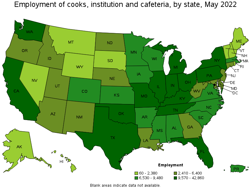 Map of employment of cooks, institution and cafeteria by state, May 2022
