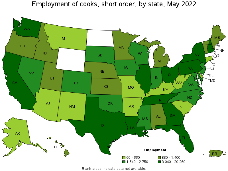 Map of employment of cooks, short order by state, May 2022