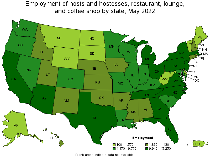 Map of employment of hosts and hostesses, restaurant, lounge, and coffee shop by state, May 2022