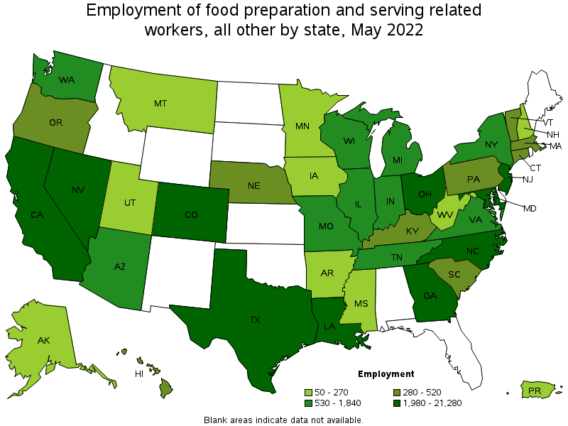 Map of employment of food preparation and serving related workers, all other by state, May 2022