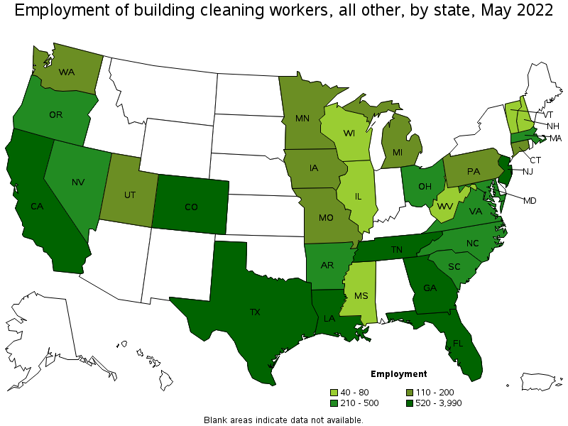 Map of employment of building cleaning workers, all other by state, May 2022
