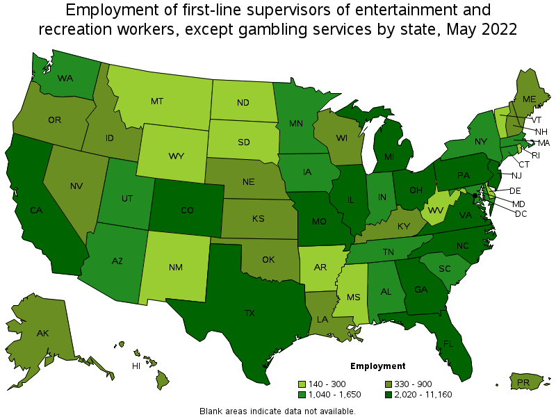 Map of employment of first-line supervisors of entertainment and recreation workers, except gambling services by state, May 2022