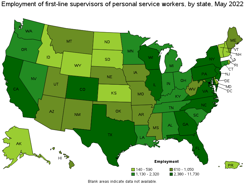 Map of employment of first-line supervisors of personal service workers by state, May 2022