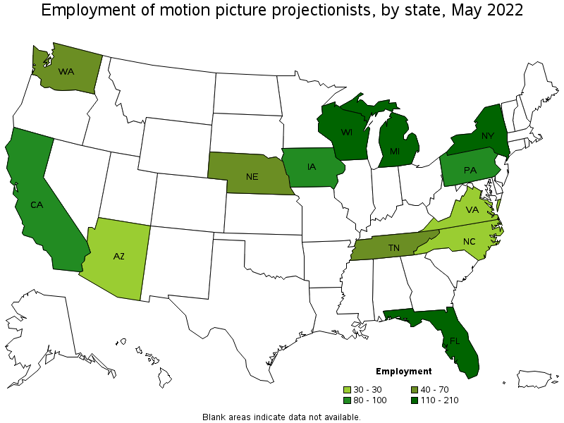 Map of employment of motion picture projectionists by state, May 2022