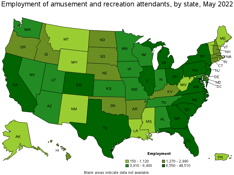 Map of employment of amusement and recreation attendants by state, May 2022