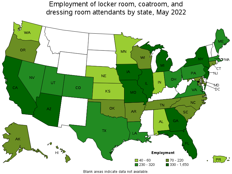 Map of employment of locker room, coatroom, and dressing room attendants by state, May 2022