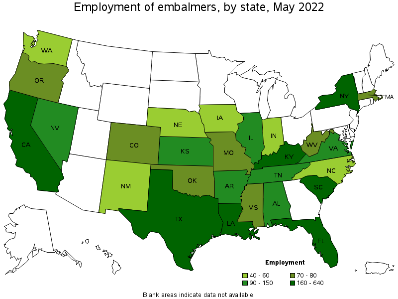 Map of employment of embalmers by state, May 2022