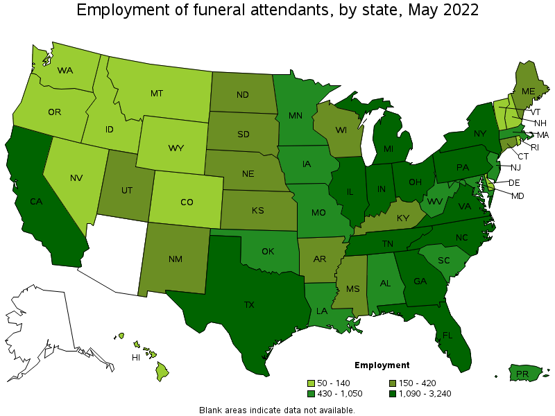 Map of employment of funeral attendants by state, May 2022