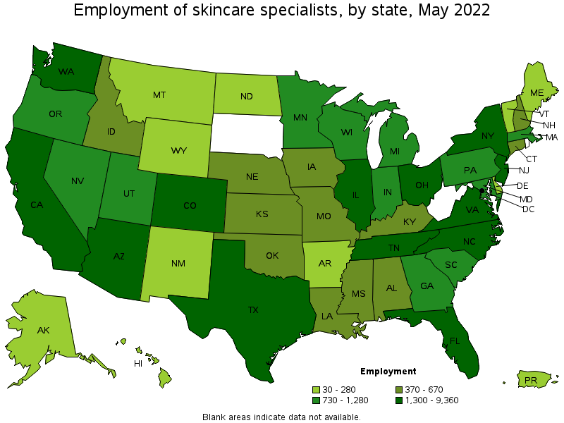 Map of employment of skincare specialists by state, May 2022