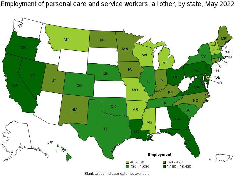 Map of employment of personal care and service workers, all other by state, May 2022