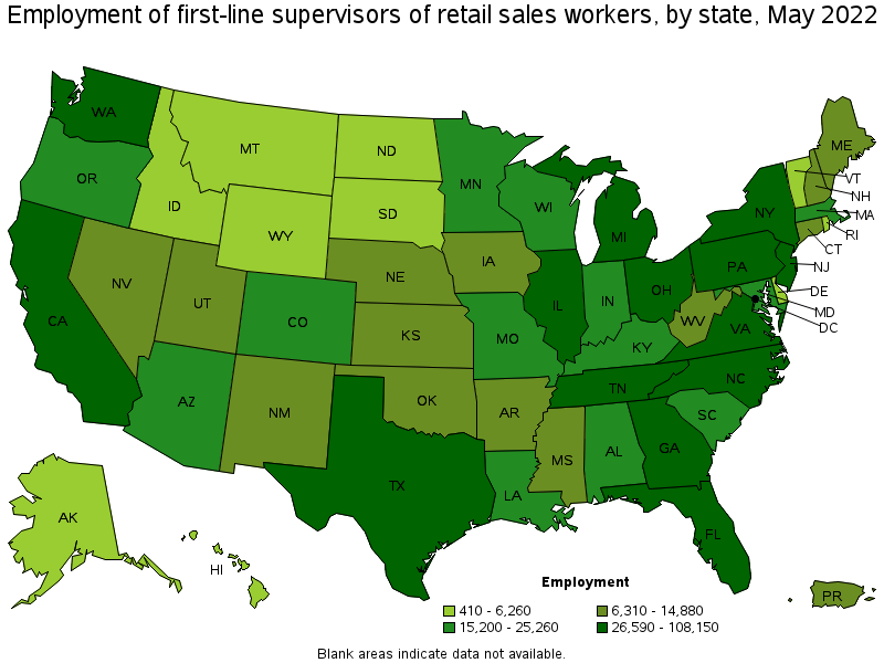 Map of employment of first-line supervisors of retail sales workers by state, May 2022