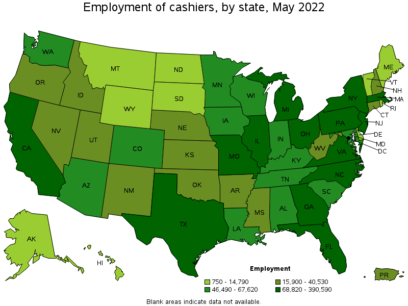 Map of employment of cashiers by state, May 2022