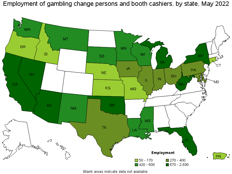 Map of employment of gambling change persons and booth cashiers by state, May 2022