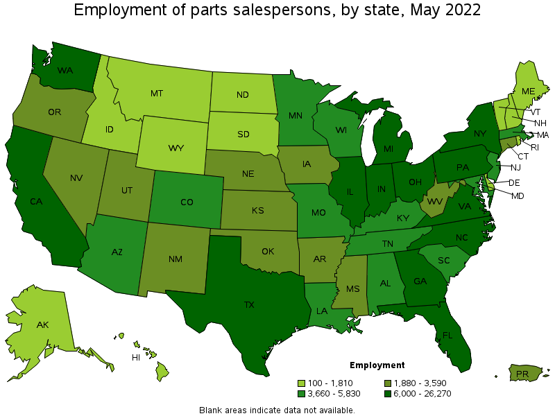 Map of employment of parts salespersons by state, May 2022