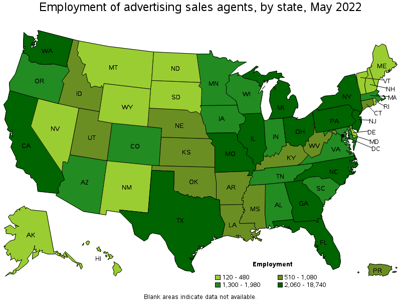 Map of employment of advertising sales agents by state, May 2022