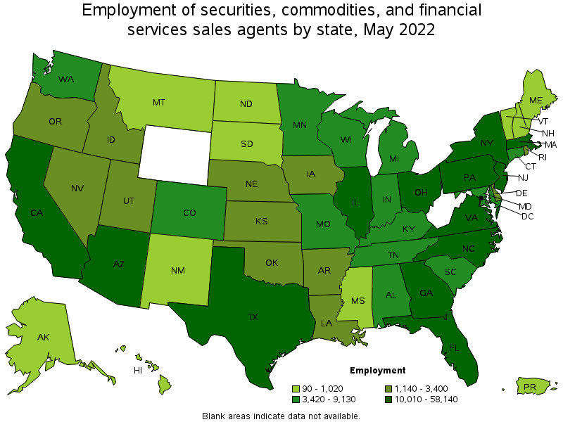 Map of employment of securities, commodities, and financial services sales agents by state, May 2022