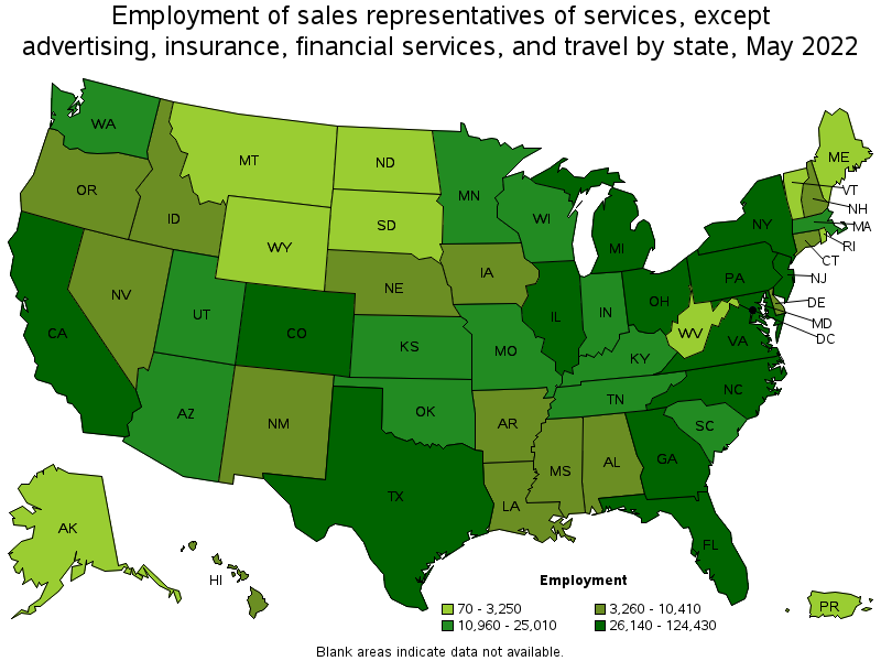 Map of employment of sales representatives of services, except advertising, insurance, financial services, and travel by state, May 2022