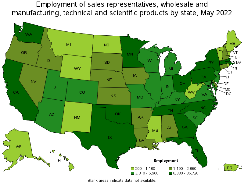 Map of employment of sales representatives, wholesale and manufacturing, technical and scientific products by state, May 2022