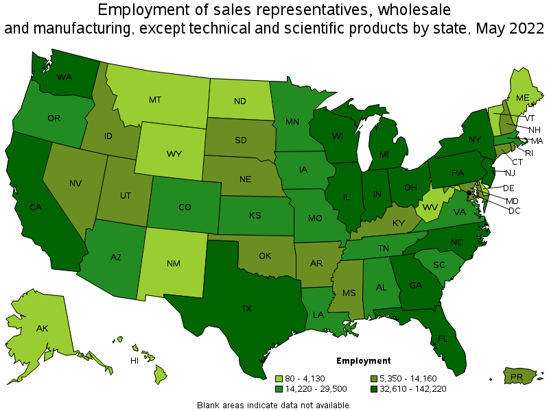 Map of employment of sales representatives, wholesale and manufacturing, except technical and scientific products by state, May 2022