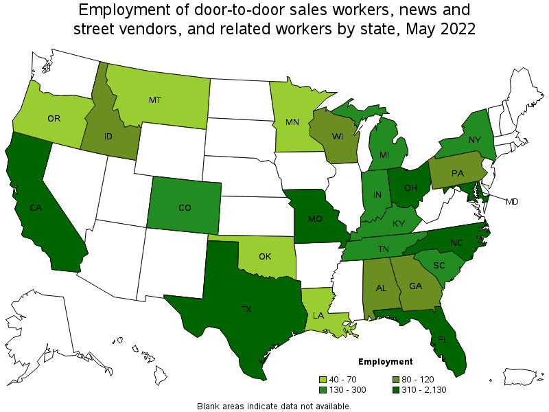 Map of employment of door-to-door sales workers, news and street vendors, and related workers by state, May 2022