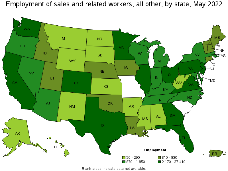 Map of employment of sales and related workers, all other by state, May 2022