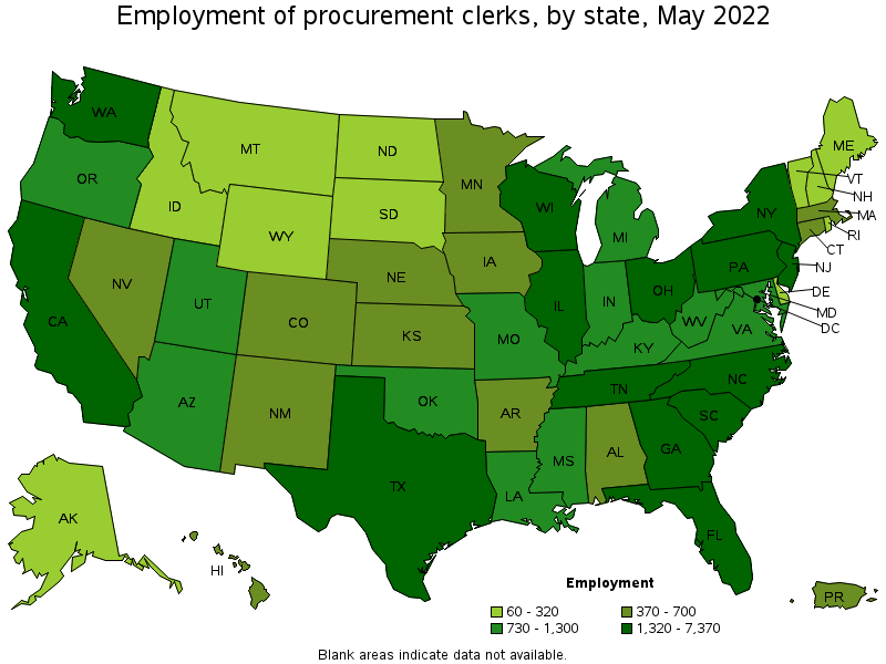 Map of employment of procurement clerks by state, May 2022