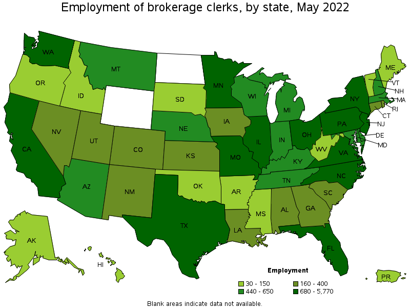 Map of employment of brokerage clerks by state, May 2022