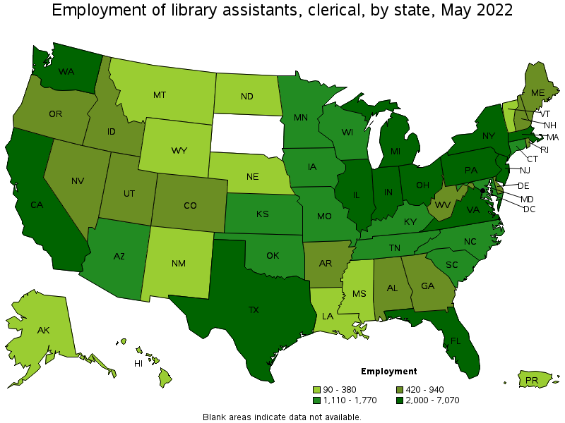 Map of employment of library assistants, clerical by state, May 2022