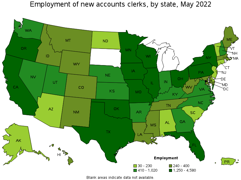 Map of employment of new accounts clerks by state, May 2022