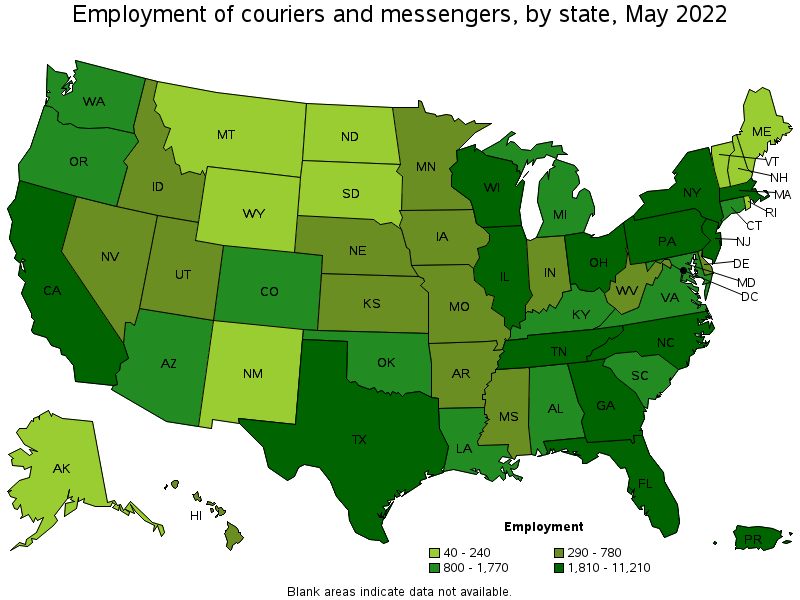 Map of employment of couriers and messengers by state, May 2022