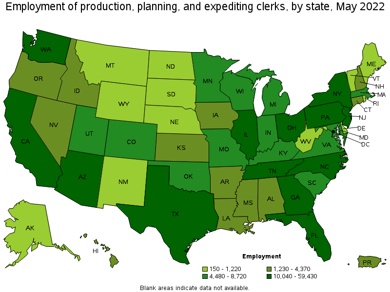 Map of employment of production, planning, and expediting clerks by state, May 2022